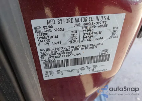 2000 Ford F-250 Lariat/Xl/Xlt z USA, uszkodzony, nr VIN 1FTNX21L7YEC32700